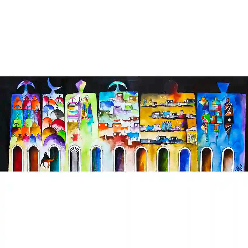 Colorful abstract shapes of holy tablets with patterns & fully of stories, art print by Sudanese artist Yousif Ibrahim, in UAE