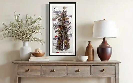 The Calligrapher's Muse 2 art print by Waleed Warag featuring Arabic calligraphy displayed in modern home interior