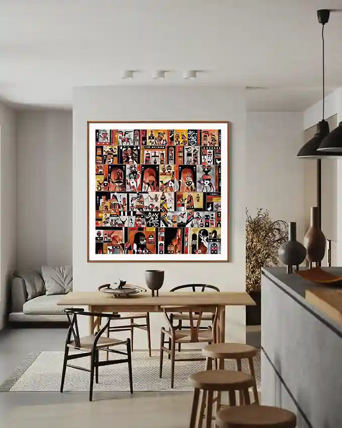 Dining room with a large framed collage on the wall, large art print by Sudanese artist Yousif Ibrahim, in UAE