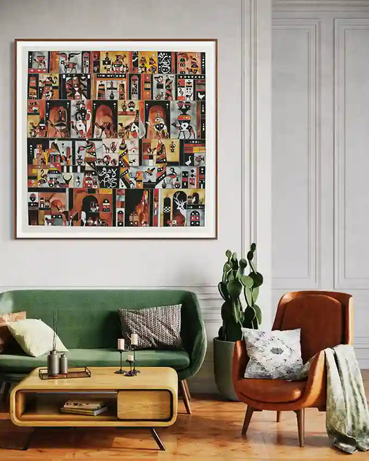 Living room with a green sofa, brown armchair, and a large framed collage on the wall, art print by Yousif Ibrahim , in UAE