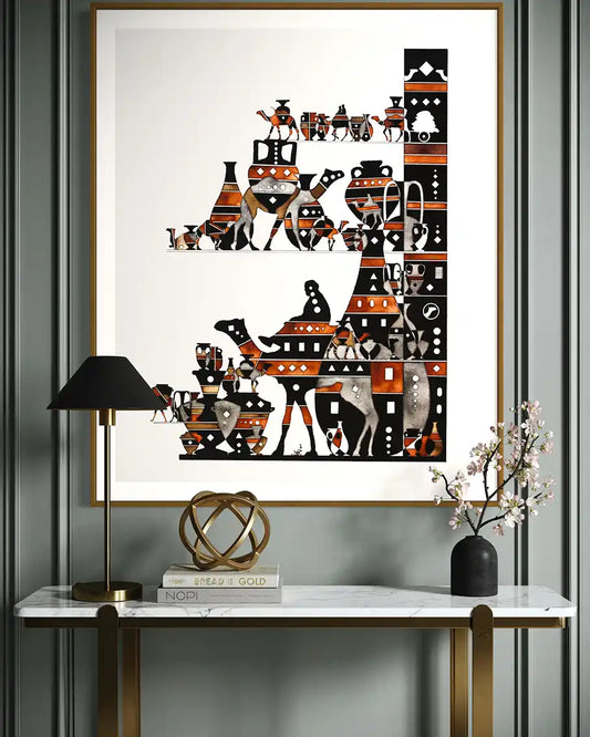 Desert's ship 2 art print by Sudanese artist Yousif Ibrahim on a gray wall above a console table. | UAE