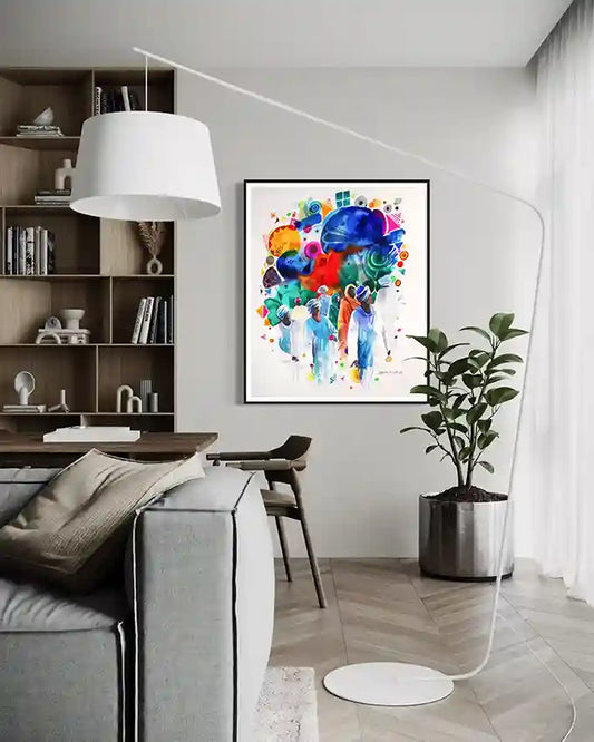 Modern living room with a colorful abstract art on the wall, a gray sofa, and a plant, print by Sudanese artist Galal Yousif