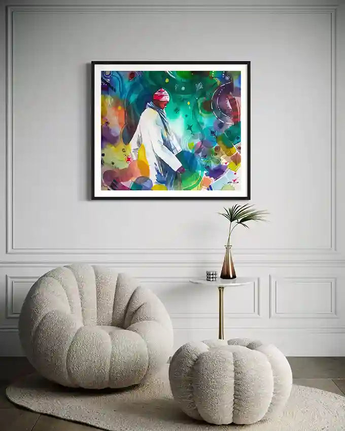 Silence of Distance Colorful art print by Sudanese artist Galal Yousif on a wall above a textured chair and ottoman in a room
