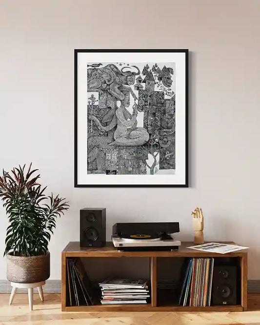 The Gathered framed black white print by Tariq Nasre displayed above modern credenza with turntable in contemporary interior