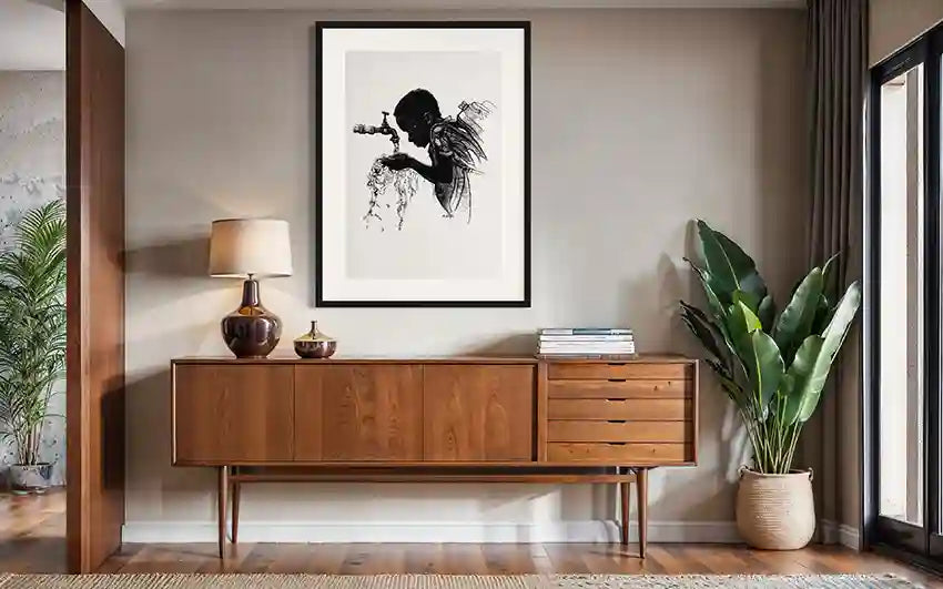 Thirst art print by Obada Gabir in black frame above mid-century modern wooden credenza with plants in warm neutral room