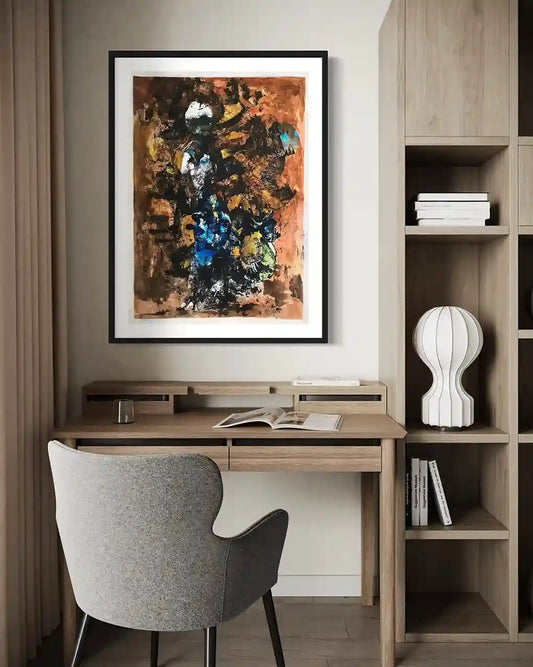 Afro Woman abstract art by Samir Shareef framed above modern desk in contemporary home office interior design mockup