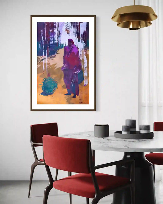 Bakri Moaz 'On The Way Back 7' painting displayed in modern dining room with red chairs and marble table interior