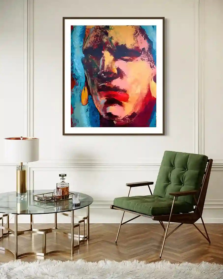 'Portrait 1 by Bakri Moaz framed art print in elegant living room with green velvet chair, glass table and white lamp