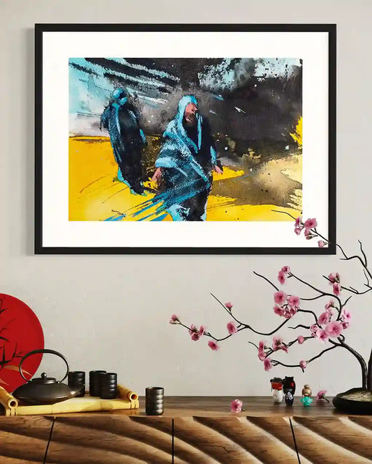 Remnants 1 by Bakri Moaz framed mixed media art displayed above tea set with cherry blossoms in Asian-inspired home