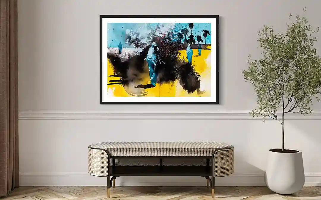 Remnants 3 by Bakri Moaz abstract art print in black frame above modern console table in elegant living room interior