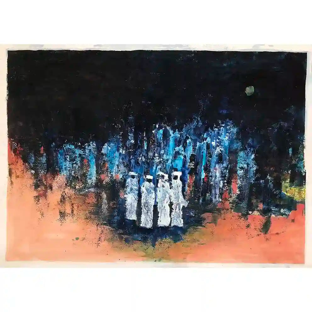 The Big Four by Samir Shareef - abstract acrylic on paper with ghostly white figures against dramatic blue and black sky