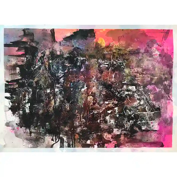 Black Prince acrylic by Samir Shareef with bold black gestural marks over pink purple gradient abstract expressionist design