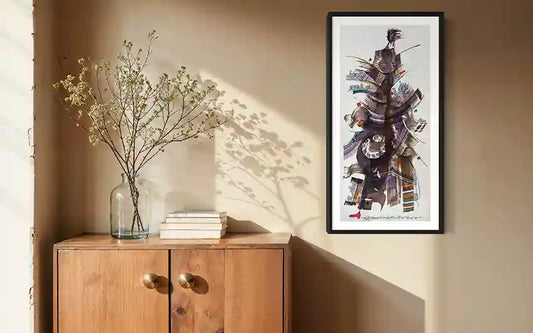 The Calligrapher's Muse 3 by Waleed Warag framed print displayed above wooden sideboard with plant and natural lighting