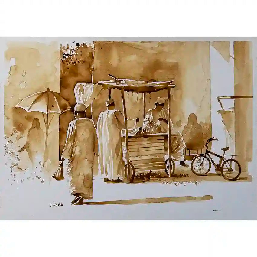 Coffee Chronicles Market Scene 1 art print by Salih Abdo - Sudanese marketplace painted with coffee in sepia tones