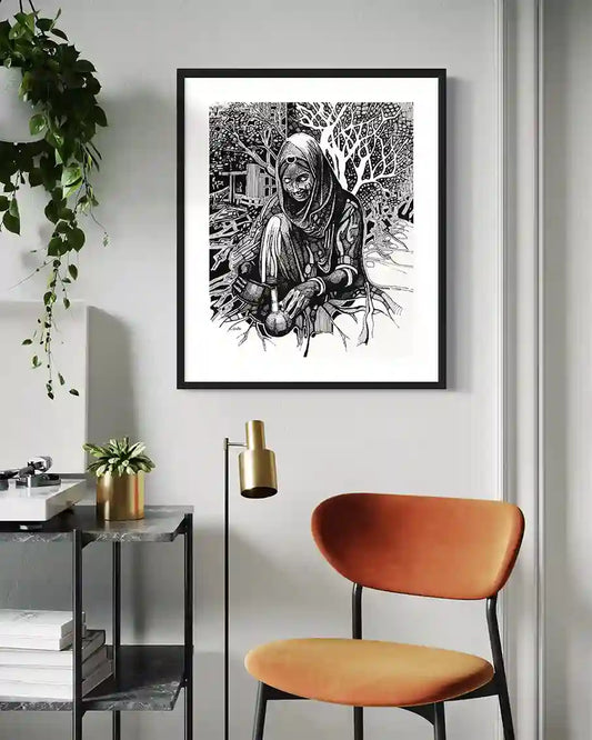 Coffee Maker by Obada Gabir framed art print on wall above modern chair showing Sudanese traditional coffee ceremony scene