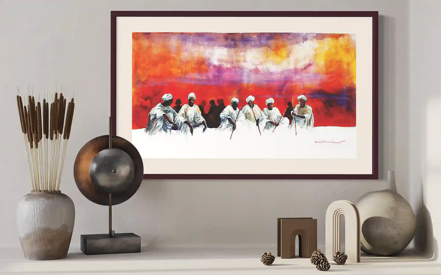 Council of Elders art print by Omer Kamal displayed in modern living room with neutral decor and contemporary furniture