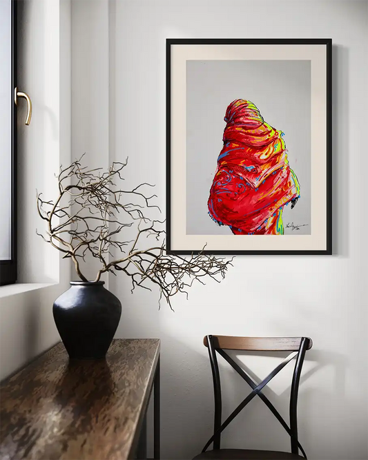 Daughters of the Nile 4 art print by Yasir Algarai displayed in black frame on white wall, modern home decor mockup