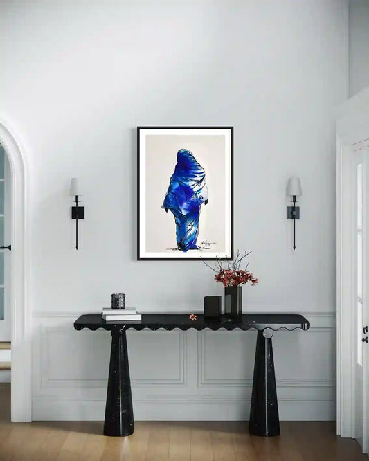 Daughters of the Nile 7 framed art print mockup by Yasir Algrai displayed on white wall above black console table