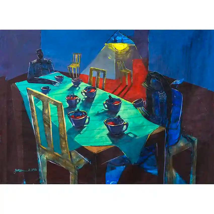 Art print "To The Enemy Who Drinks Tea In Our Cottage" by Yasmeen Abdullah showing figures at table with teacups and lamp