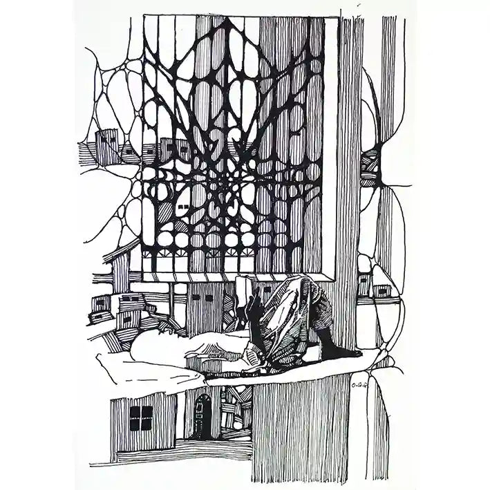 Feed Your Mind black and white ink drawing by Obada Gabir showing figure reading by window with houses on horizon