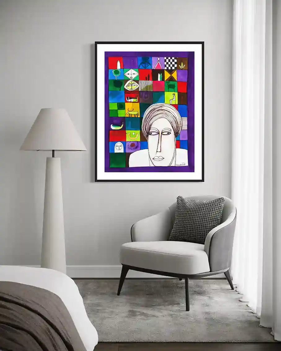 "Fragments of Identity" by Abushariaa Ahmed framed artwork displayed in modern bedroom with gray chair and floor lamp