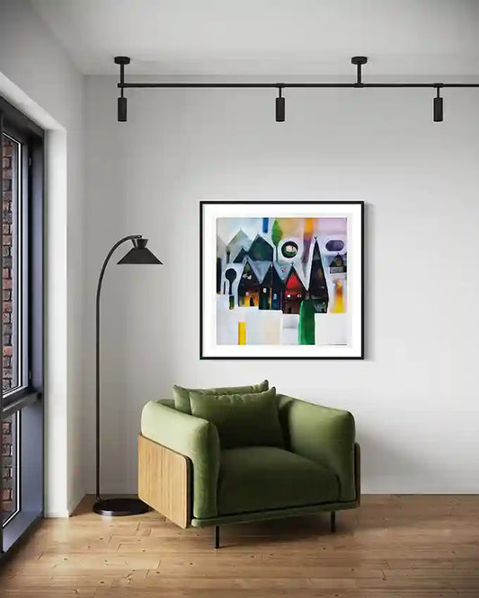 "Garden of Light" art print by Abushariaa Ahmed framed above green chair with floor lamp in modern interior