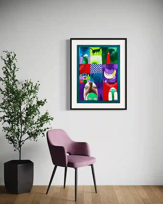 "Geometry of the Mind" art print by Abushariaa Ahmed framed above purple chair with plant in modern interior