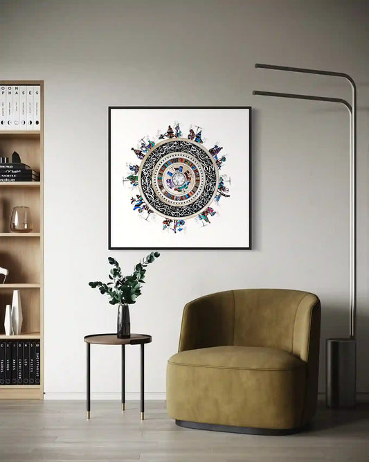 Cycle of Life 4 mandala art print by Gungalito in black frame displayed in modern living room with olive chair and bookshelf