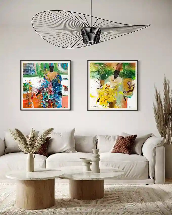 Sufi abstract prints by Hani Khalil displayed in modern living room with beige sofa and neutral colors - home decor inspiration