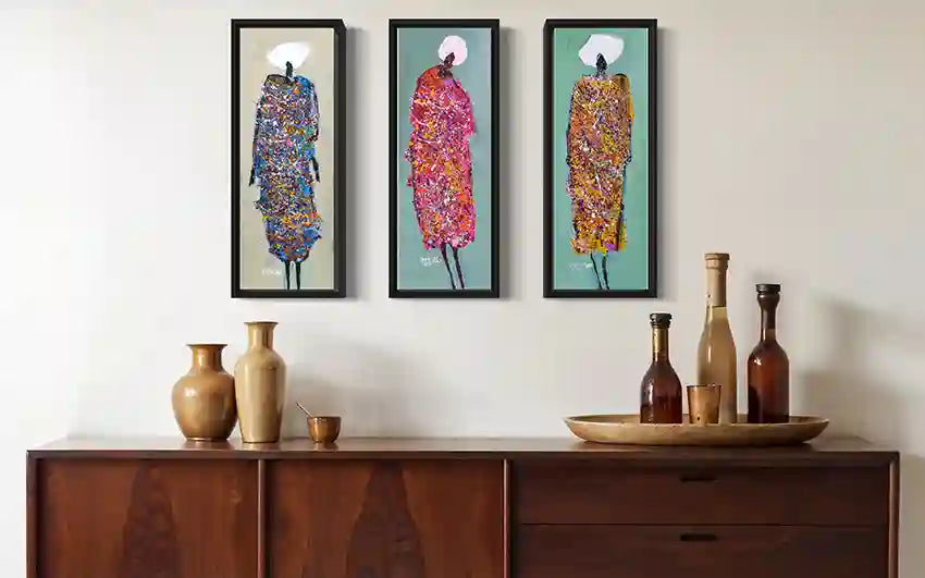 Hani Khalil colorful abstract art prints shown as coordinated triptych gallery wall in contemporary home setting