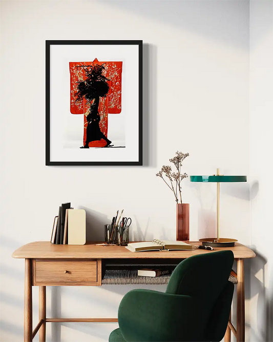 In Silhouette 2 framed art print in home office with wooden desk, African woman silhouette Japanese kimono wall art