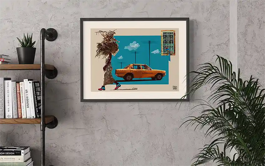 Khartoum digital collage framed art mockup on concrete wall above bookshelf Sudan taxi woman grass urban African art decor