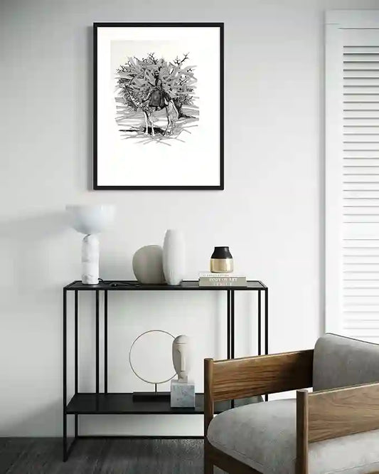 Man from Hajana black and white art print by Obada Gabir displayed in modern living room with minimalist decor - contemporary wall art