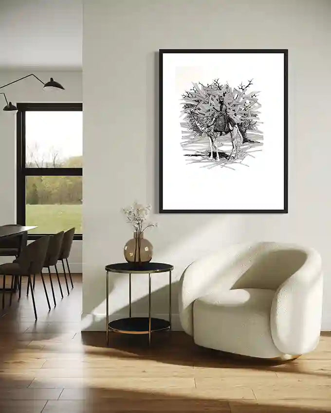 Man from Hajana black and white art print by Obada Gabir in contemporary open-plan living and dining room with modern furniture - statement wall art