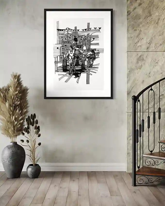 Neighbourhood art print by Obada Gabir framed in black frame on white wall with marble accent and dried flowers