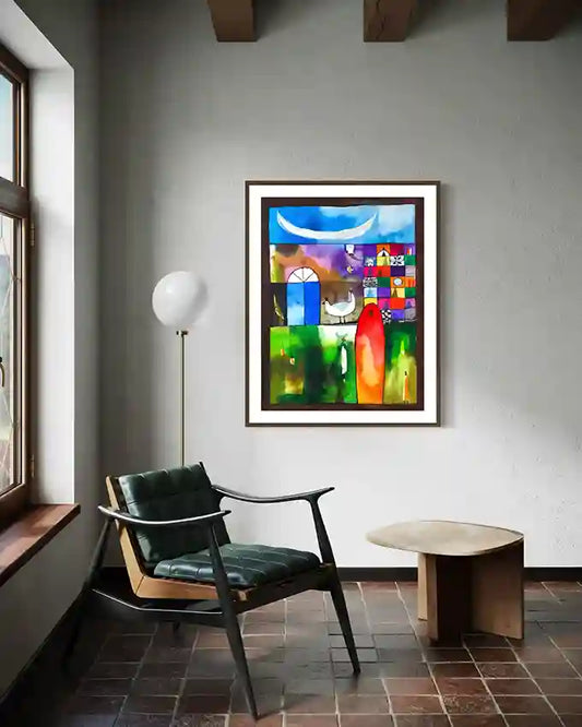 Abstract art print Nightlight by Abushariaa Ahmed in black frame on white wall - modern home decor mockup with leather chair and exposed beams