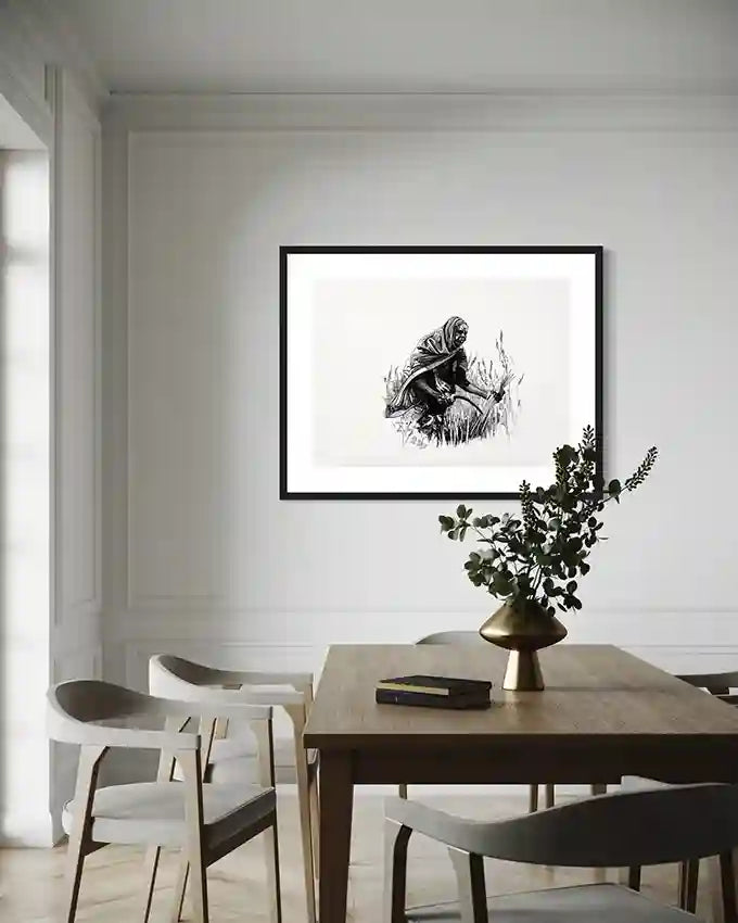 Among The Grasses art print by Obada Gabir in black frame displayed above modern dining table with white chairs and in contemporary dining room