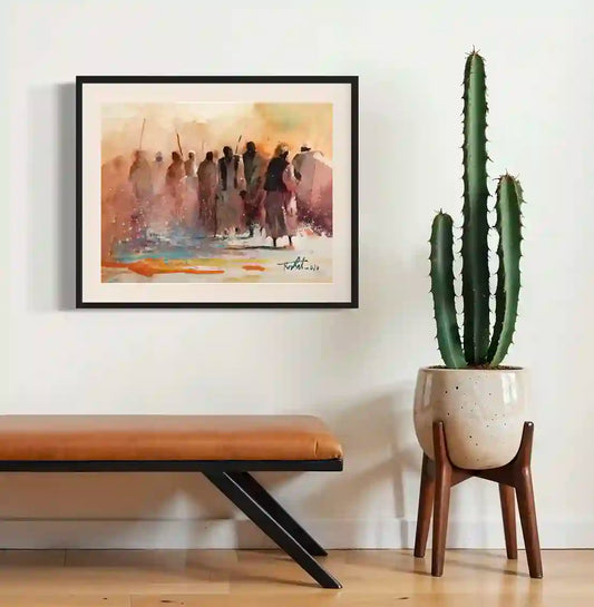 Ochre Rhythms art print by Rafat Omar in black frame on modern wall with bench and cactus plant home decor mockup