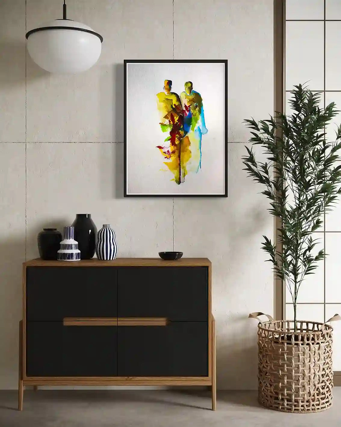 Old Friends art print by Gungalito in black frame on white brick wall above modern credenza in industrial style interior