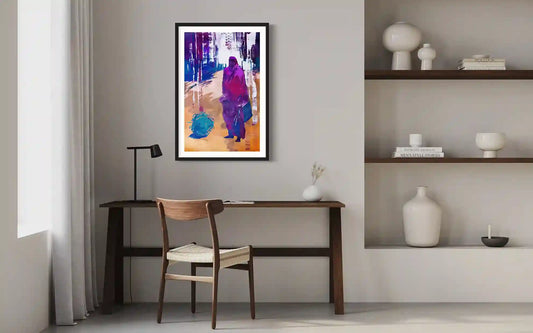 'On The Way Back 7' by Bakri Moaz art print mockup in modern home office setting, displacement themed contemporary artwork