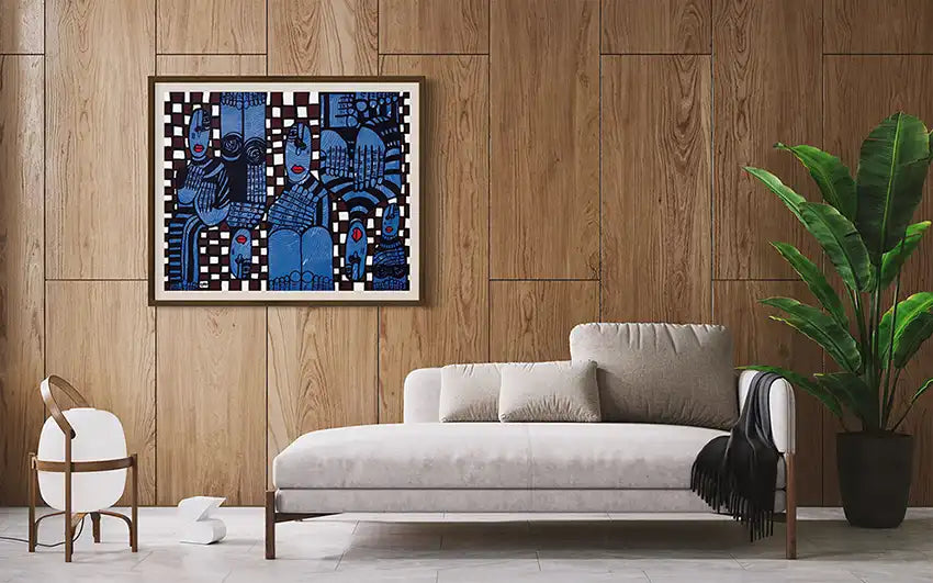 "Password Required" art print by Usra Hamza in wooden frame on wood paneled wall above beige sofa in modern living room