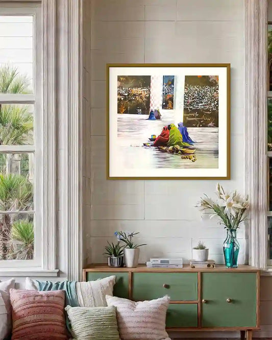 Rainbow Poetry art print by Omer Kamal displayed in gold frame above green sideboard in bright contemporary living room