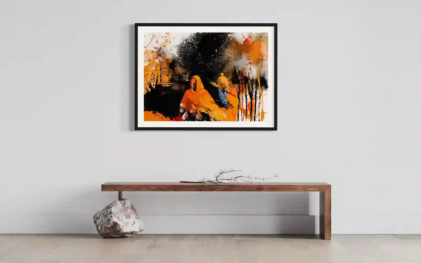 Remnants 1 framed art print by Bakri Moaz in minimalist interior with wooden bench - modern abstract wall art for sale