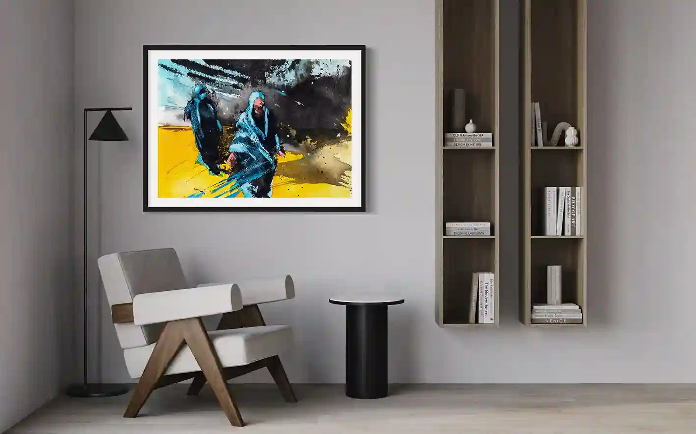 Remnants 2 framed art print by Bakri Moaz in modern office with chair bookshelf and lamp - contemporary workspace art