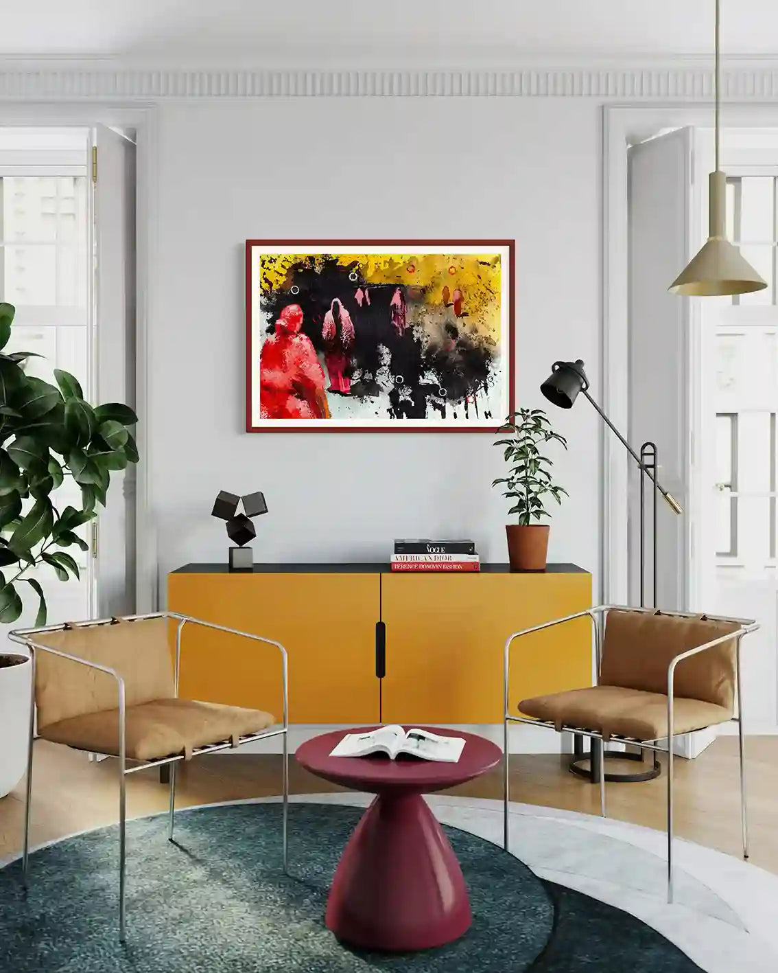 'Remnants 4' art print by Bakri Moaz in red frame displayed above yellow credenza in contemporary living room setting