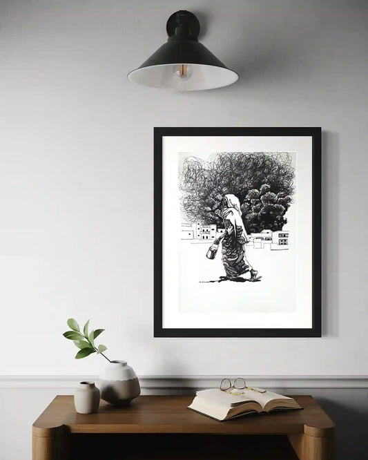 Rhythm of her Step by Obada Gabir framed ink painting mockup on wall above wooden desk with plant and books