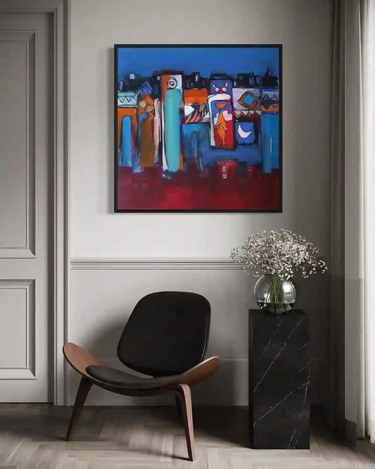 Rhythm in Blue art print by Abdelmageed Afifi displayed in elegant interior with black chair and marble side table