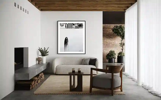 'She Who Wears a Crown' art print by Abushariaa Ahmed in modern loft with exposed brick, fireplace and neutral decor
