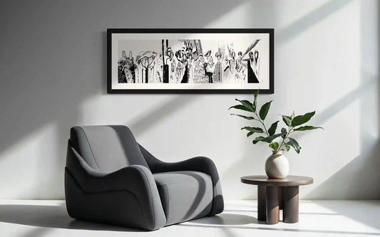 Social Gathering African art print by Gungalito in black frame on white wall above modern gray chair and side table