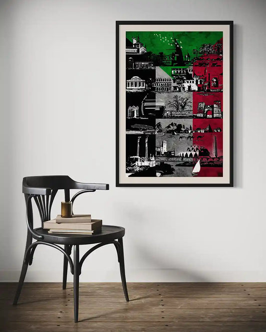 Sudan flag digital collage art print in black frame on wall mockup with chair home decor interior design wall art